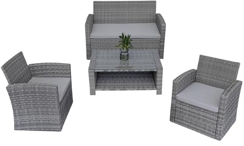 4 Piece Rattan Garden Furniture Set – 4 Seater Grey Outdoor Patio Sofa Set with Cushions, 2 Chairs, Loveseat and Tempered Glass Coffee Table for Garden, Balcony, Terrace, Conservatory and Backyard