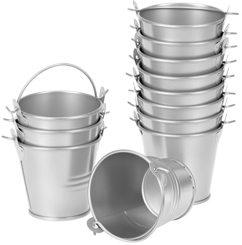 QWORK® 12 piccoli vasi da fiori sospesi in metallo, secchi zincati da 6 cm con manico staccabile per balconi, finestre e decorazioni da giardino - Argento