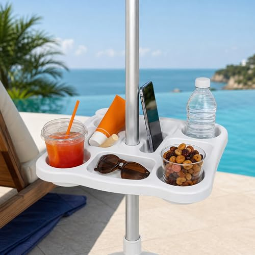 topolenashop Vassoio Tavolo per Ombrellone 37x37 cm con 4 Portabicchieri, Tavolino da Palo con Scomparti per Snack Smartphone e Accessori, Compatibile con Pali 22-40 mm | 670552