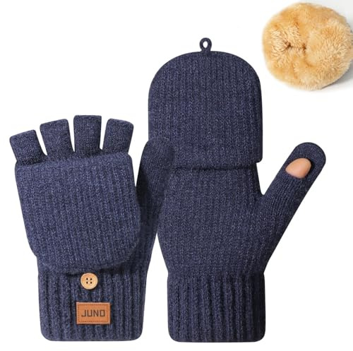 Yaopelky - Gants convertibles sans doigts pour femmes et hommes - Mitaines en tricot d'hiver avec capuchon pour le pouce - Couverture thermique demi-complète et complète, bleu marine, One Size