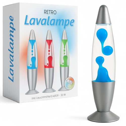 MIJOMA Lampada lava retrò – Luce d'atmosfera in vetro e alluminio con base argentata – Lampada lava con lampadina E14 e interruttore a filo – Lampada decorativa dal design iconico (blu, 30 cm)