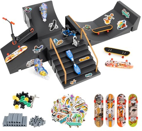 Finger Skateboards Ramp Set, 5 in 1 Fingerboard Skatepark Deck with 4 Skateboards 4 Fingerboard Ramps & Display Holder, Mini Finger Toy for Kids Adults Birthday Gift (Black)