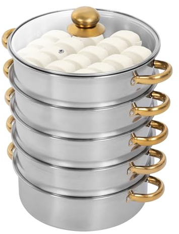 5-Tier Stainless Steel Steamer, Meat Vegetable Cooking Steam Pot with Lid and Handle, Round Steamer Pot with Stackable Pan for Comercial and Home Use (Silver + Gold, 26cm/10.23inch)
