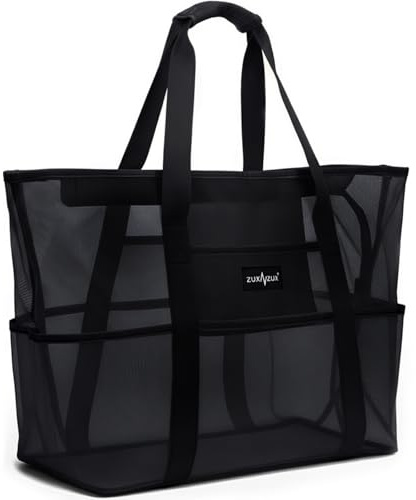 ZUXNZUX Sac de Plage Grand en Maille avec Fermeture Éclair, Fourre-Tout de Plage Anti-Sable Pliable Main Sac, Piscine Voyage L'été Vacances Vêtements Jouets Gym