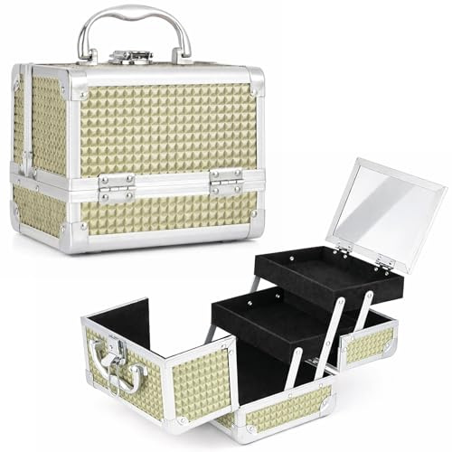 GREENSAPPIRE Makeup Box Vanity Case with Mirror – Lockable Cosmetic Organiser with 2 Trays, Portable Beauty Storage Case for Travel & Home, Rose Gold, 19.5 x 15 x 16 cm