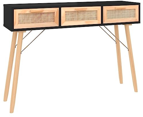 Todiikf Mesa consola negra 105 x 30 x 75 cm mesa de pasillo con 3 cajones de mimbre natural trenzado, mesa auxiliar escandinava con patas de madera maciza para pasillo y salón