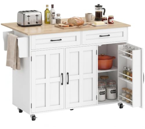 HOMCOM Isla de Cocina con Encimera Extensible, para Comedor, Blanco | Carro de Cocina con Ruedas, 2 Cajones, 3 Armarios, Estantes en la Puerta, Toallero, Estantes Ajustables