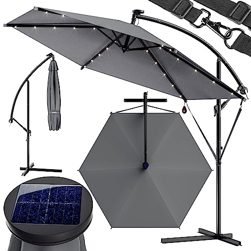 Kingsleeve® Ampelschirm LED Beleuchtung UV Schutz 80+ Solar Ständer Schutzhülle 300cm Groß Kurbel Balkon Terrasse Gartenschirm Sonnenschirm Anthrazit