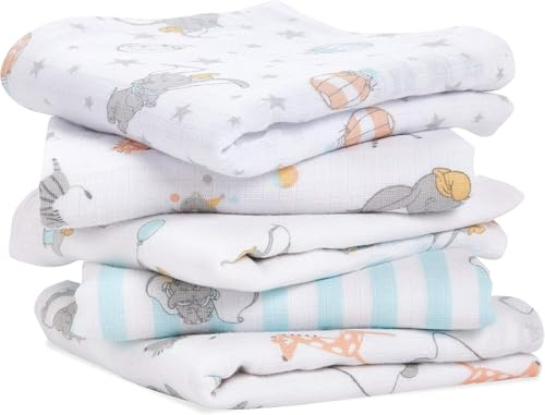 Aden + Anais™ Essentials musy Spucktücher, Mulltücher-Set für Neugeborene & Kleinkinder, 100% Baumwoll-Musselin Mehrzweck-Babytücher für Mädchen & Jungen, 60x60cm, 5er Pack, Dumbo New Heights
