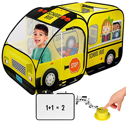 School Bus Pop-Up Kids Tent with Sound Play Button, Ball Pit for Toddler & Up - Easy Setup Tent for Indoor & Outdoor, Daycare Playground Activities & Pretend Play, Great for Kids