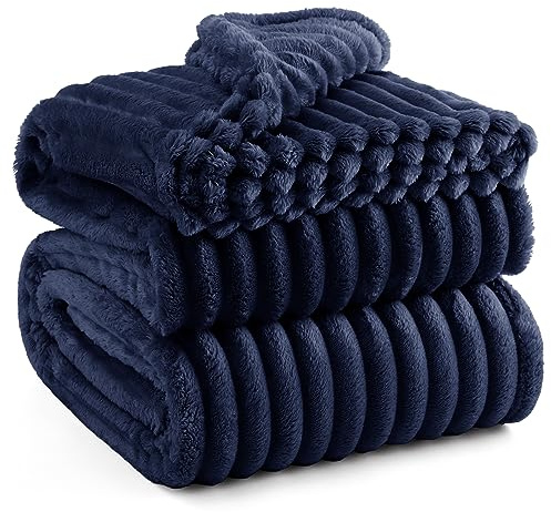 BEDSURE Kuscheldecke für Zimmer Deko - Wolldecke & Fleecedecke, Sofadecke, Weiche Warme Grobe Korddecke für Couch, Geschenke für Frauen, Tagesdecke, Große Decke, Blau, 230 x 270 cm