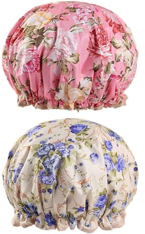 Bath Caps Elastic Band Waterproof Shower Caps With Ruffled Edge Covering Ears Keeping Hair Dry Kitchen Oil-proof Cap for Girls and Women (peony)