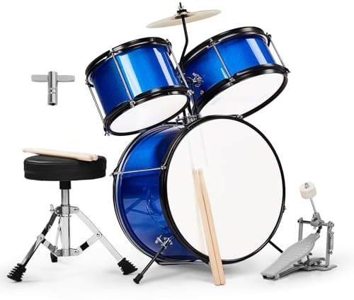 LEADZM Kit de Batterie pour Enfants 14, avec Tabouret, Pédale de Grosse Caisse et 2 Baguettes, Cymbale, Tom et Caisse Claire pour les 3 ans et plus (Bleu Foncé)