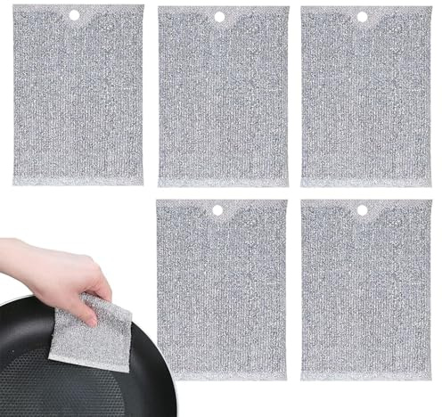 Derwrtup Wire Dish Cloths, Pack of 5 Scratch-Resistant Washing Sponges Made of Stainless Steel, Self-Draining Scouring Milk, Scouring Pads, Self-Draining, Portable Cleaning for Cookware, Worktops