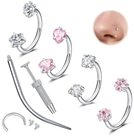 WillTen 18G Bijoux pour piercing au septum Anneau pour septum, double gemme rose étoile cœur fer à cheval Anneau pour nez Fer à cheval Piercing acier inoxydable Argent