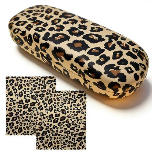 VorErgyllic Leopard Print Glasses Case, Hard Shell Eyeglasses Case Protective Case for Glasses, Fashionable Glasses Case with 2Pcs Cleaning Cloths Perfect for Home -Travel or Office (BROWN 1)