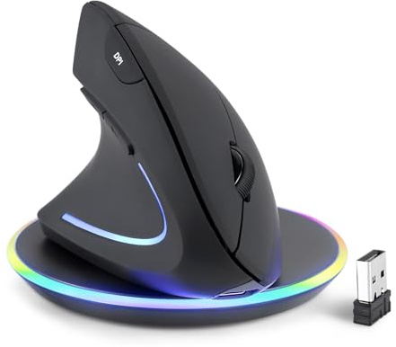 Perixx PERIMICE-713LRX - Left Handed Cordless Rechargeable Vertical Mouse - Duo Wired and Wireless Charging Feature - Included Wireless Charger - Left Handed