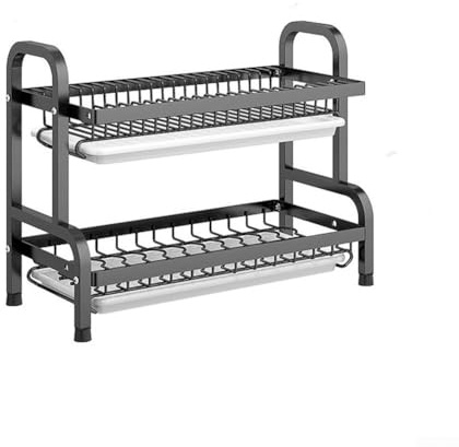 Égouttoir à vaisselle à 2 niveaux en acier inoxydable avec porte-couverts et fente pour planche à découper – Organiseur de comptoir de cuisine multifonction pour un rangement efficace, noir