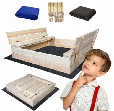 Sandkasten mit Sitzbank 100 x 100 cm, Dach, Naturholz, Sandkasten für Kinder, Spielplatz Premium