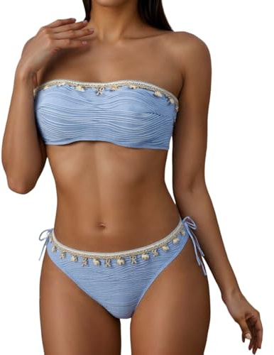 Generico Costume Mare Donna,Costume Donna Due Pezzi Fascia Bikini Mare Decorati con Conchiglie Tinta Unita Push Up Costumi da Bagno Imbottita Brasiliana Perizoma e Pezzo sopra Curvy Blu M