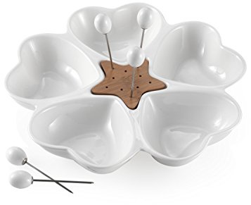 Brandani 56818 Antipastiera mille cuori in porcellana bianca e bamboo con 5 forchettine acciaio inox