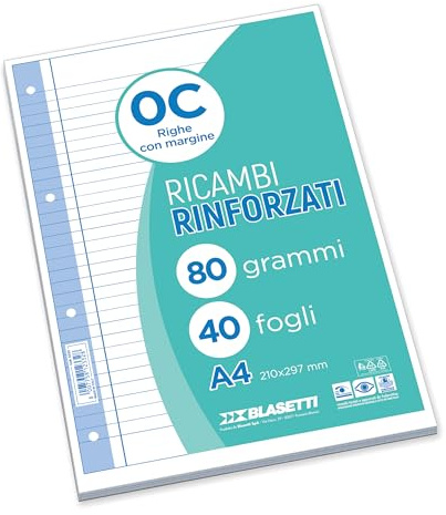 One Color - Ricambi Rinforzati A4-0C Righe con Margine - 40 fogli