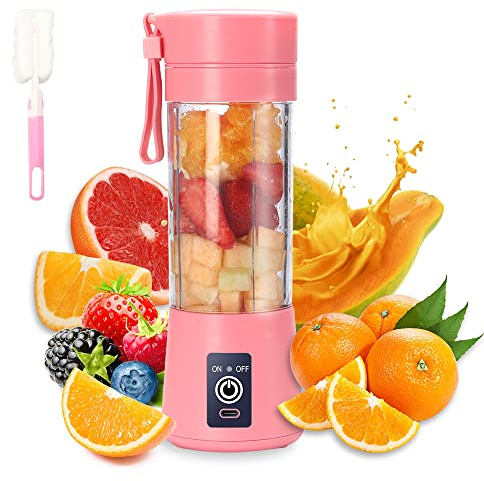 Tragbarer Mixbecher, elektrischer USB-Entsafter, Mini-Mixer, tragbarer Mixer für Shakes und Smoothies, Saft, 380 ml, sechs Klingen, ideal zum Mischen, Rosa