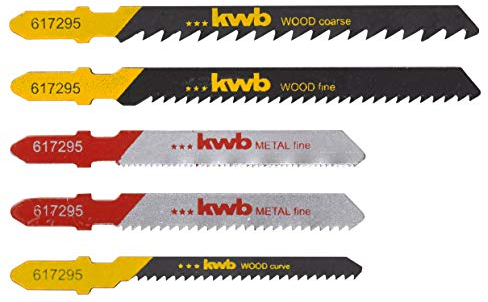 kwb Juego combinado de 5 piezas (HSS y hojas de sierra HCS) para cortes curvos en madera y cortes finos en metal con vástago T S-20/vástago de leva