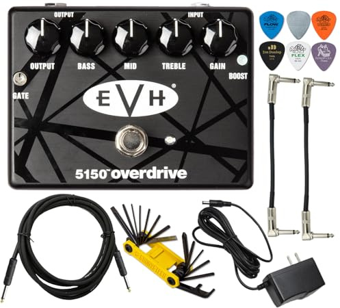 MXR EVH5150 Overdrive Distortion Electric Guitar Effects Pedal with Boost Switch and Noise Gate Featuring Tonebird 1500mA 9V Adapter, Patch Cable, Multi-Tool, Picks Bundle