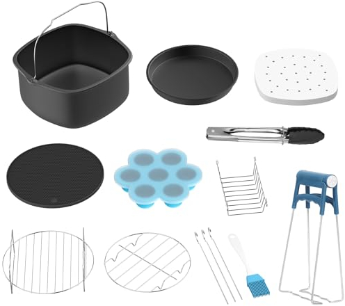 Aoresac Accessoires Pour Friteuses à Air, 11 Accessoires Carrés de 7 pouces Avec Moule à Gâteau Grille à Vapeur, Grille à Pain Grillé, Moule à Gâteau, Support de Disque, Pince à Brosse à Huile