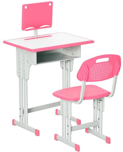 HOMCOM Juego de Escritorio y Silla para Niños de 6-12 Años Escritorio Infantil Altura Ajustable con 1 Cajón 1 Ranura para Lápiz y 1 Estante para Libros Acero 60x45x90-102 cm Rosa