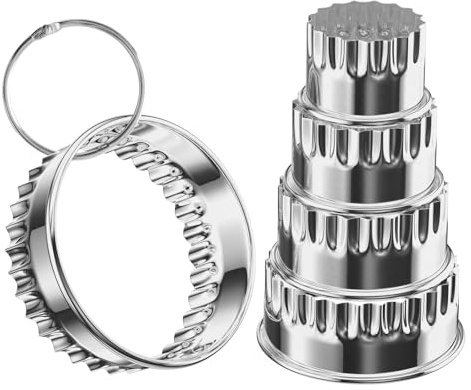 POMINEE Fluted Round Cookie Cutter (2”, 2.4”,2.8”, 3.1”, 3.5”), Scalloped Biscuit and Circle Crinkle Cracker Cutters Set, Heavy Duty, Food-Grade Stainless Steel