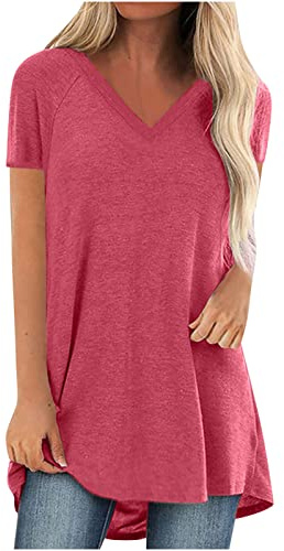 2024 T-Shirt Long Grandes Tailles Classique Femme Coupe Ample à Manches Courtes Col Rond - Tops D'Été Casual Tunique Elégante Couleur Solide