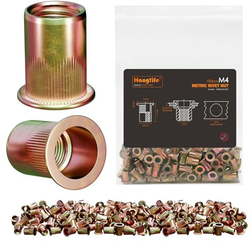 HANGLIFE Nietmuttern M4 Gewindenieten (100 Stück) - Blindnietmuttern aus verzinktem Kohlenstoffstahl mit geriffeltem Körper, Einziehmuttern