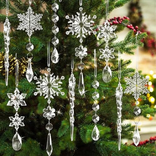 10 Stück Weihnachtsdekoration,Acryl Schneeflocken Christbaumschmuck, Christbaumschmuck Schneeflocken Eiszapfen Anhänger,Kristall Ornament Weihnachtsbaum Schneeflocken Dekorationen,mit 10 Bändern