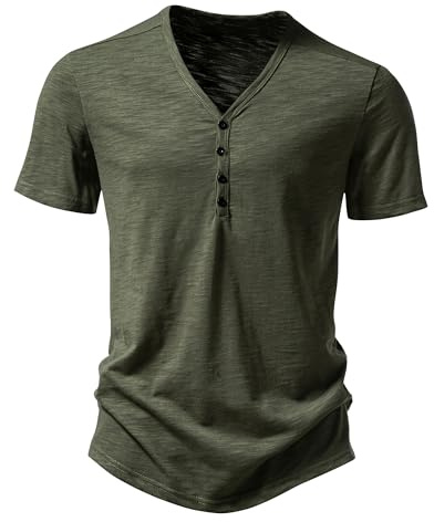 Henley T Shirt Mens Short Sleeve Muscle Slim Fit Tee Smart Casual Summer V Neck Half Button T-Shirt Fitted Collarless Polo Tops-Army Green-M