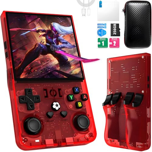 R36MAX Retro Handheld Game Console,Game Console with 256GB TF Card, 40000+ Classic Games,Game Console 4.0 IPS HD Screen 4000mAh Rechargeable Portable Video Console Pocket Arcade-Transparent Red