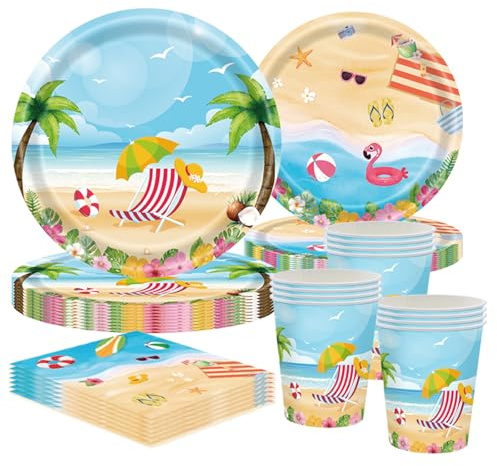 Juego de vajilla de fiesta de verano, juego de 50 piezas con platos, tazas y servilletas, vajilla desechable para cumpleaños infantiles y decoración de fiesta de verano