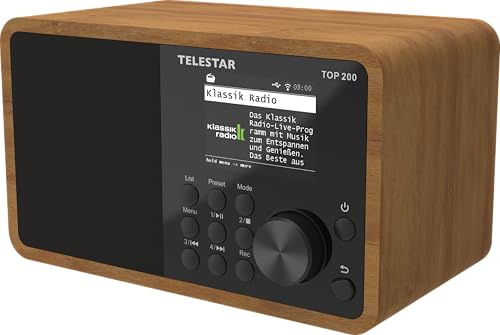 TELESTAR TOP 200 – DAB+/Internetradio (Mono, 10 Watt, Bluetooth Sende-/Empfangsfunktion, USB-Aufnahme, Notfallwarnsystem, App-Steuerung) – Holz