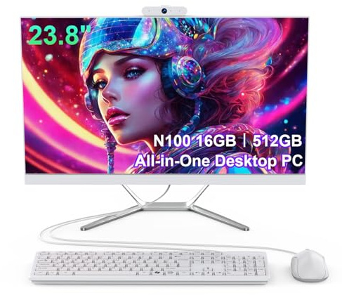 23.8 All in One Desktop Computer for Home Office,All in One Desktop PC,Celeron N100 Processor (Up to 3.40Ghz),4 Core,16GB RAM,512GB SSD,FHD IPS Display,WiFi 5 & BT 4.2,Keyboard & Mouse,Webcam,11 Home