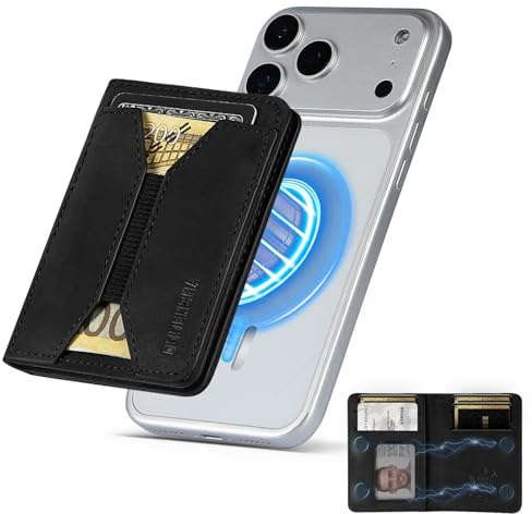 DODENSHA Magsafe Portemonnaie für Handy I Apple Wallet für 5+ Karten 8 Bargeld I Magsafe Kartenhalter mit RFID Schutz I Portmonee für iPhone 16/15/14/13/12 Serie, Nicht für 13/12 mini (Schwarz)