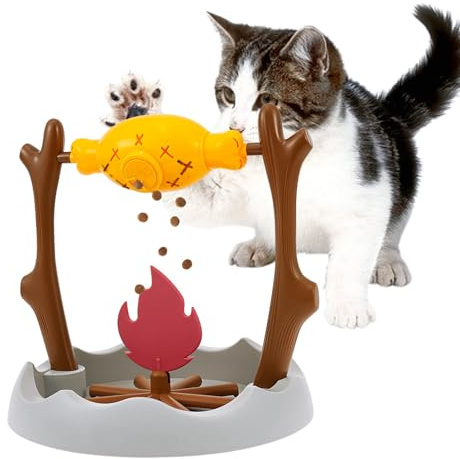 11.8 High Cat Treat Dispenser Campfire Rotating Grilled Fish Design Cat Puzzle Slow Feeder Toy BBQ Enrichment Interactive Stimulation Toy for Kitten Play