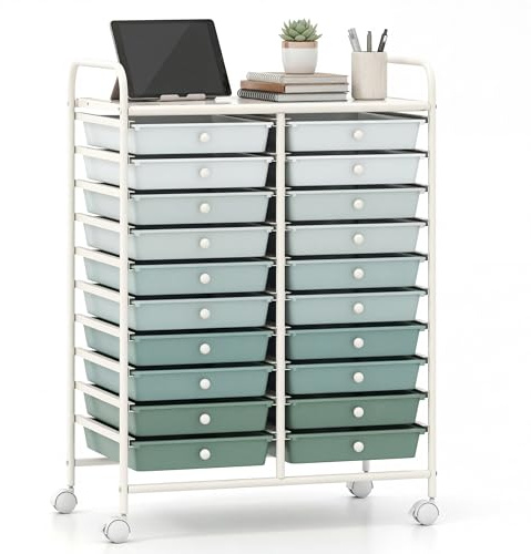 GiantexUK 20 Drawers Storage Trolley, Multipurpose Mobile Rolling Cart with Lockable Wheels, Rolling Utility Shelving Organizer Unit for Home Office Salon (Gradient Green)