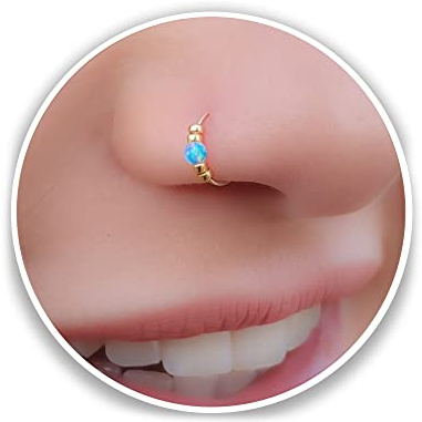 ALOME PIERCINGS Thin 14k Gold Filled Tiny Light Blue Opal Nose Ring - 2 mm Opal Beaded Nose Hoop - 24 Gauge Very Thin Nose Hoop Tiny Piercings Nose Rings