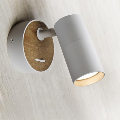 Ouglres Vägglampa inomhus trä, vintage vägglampa med strömbrytare, industriell designer vit aluminium lampskärm roterbar, modern sänglampa vägglampa för kompakt sovrum vardagsrum, hall, Gu10, 1-pack