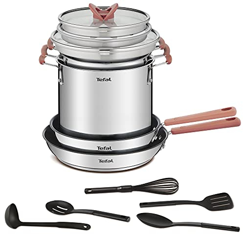 Tefal Batterie de cuisine 13 pièces Poêles + Faitouts + Casserole pâtes + Couvercles + 5 ustensiles, Induction, Acier inoxydable 18/10 haute qualité, Garantie 10 ans, Opti'Space G721SD74