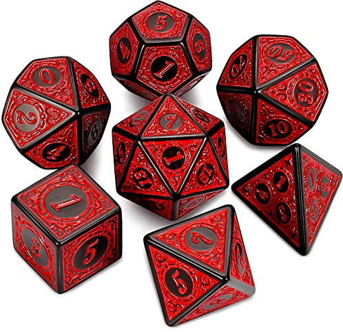 QMAY DND Dice Polyedrisches Würfel Set - 7 Stück für Dungeon und Dragons MTG RPG D&D D20, D12, D10, D%, D8, D6, D4 (Rote Gravurmuster)