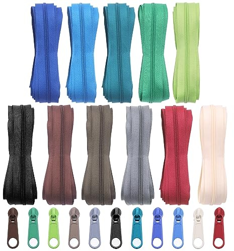 Swpeet Juego de 121 piezas - 30 metros 11 colores de cremalleras de bobina de nylon con deslizadores - Surtido adaptable y ligero para manualidades de costura DIY