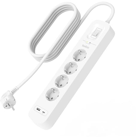 Belkin Multiprise USB avec Protection Contre Les surtensions à 4 Prises, Montage Mural, câble de 2 m, lumière d'état, 1 Port USB-C PD à Charge Rapide, 1 Port USB-A et défense de 525 Joules