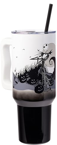 Silver Buffalo Disney Nightmare Before Christmas by Tim Burton Jack Skellington Hill and Moon Double Walled Stainless Steel Tumbler with Handle and Straw, Fits in Standard Cup Holder, 40 Ounces